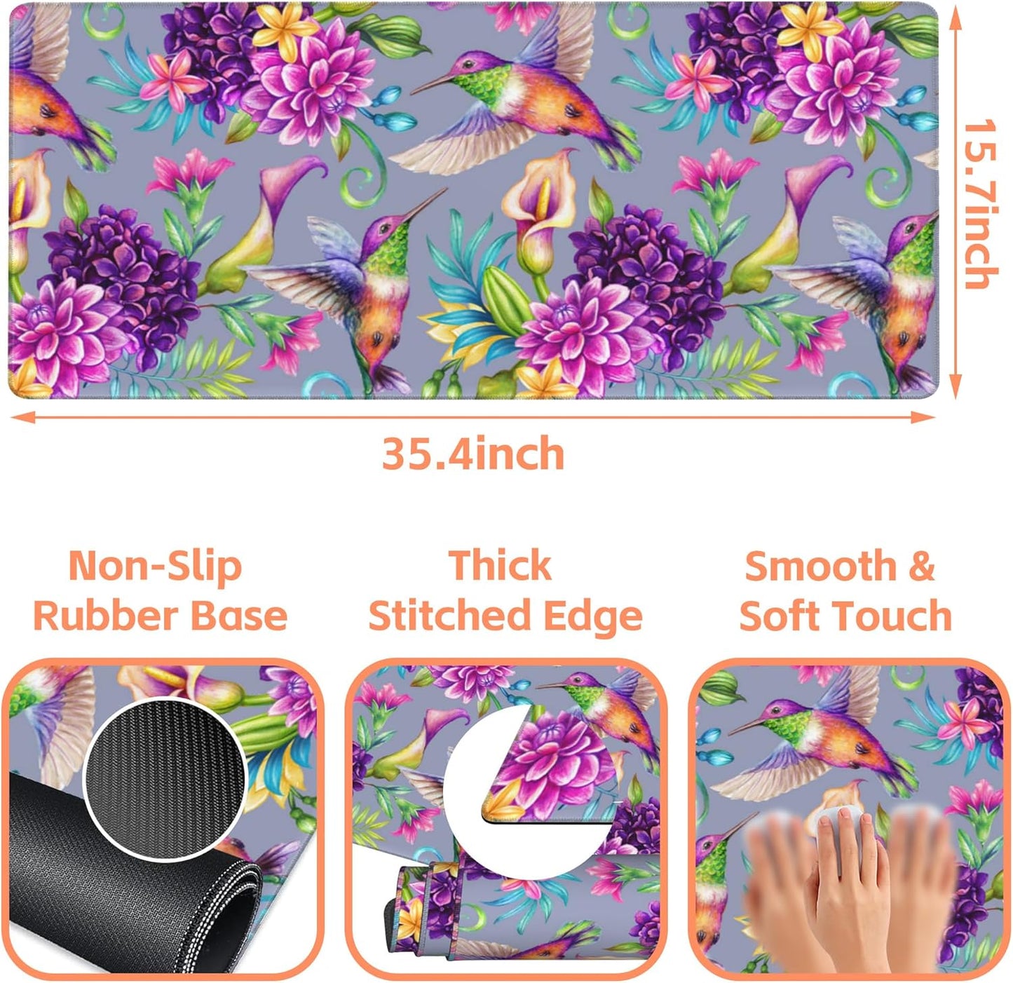 Mouse Pad Large Humming Bird and Flowers Non-Slip Gaming Desk Mat with Stitched Edge Laptop Keyboard Desk Pad for Work Home Gaming (35.4 x 15.7 Inches)
