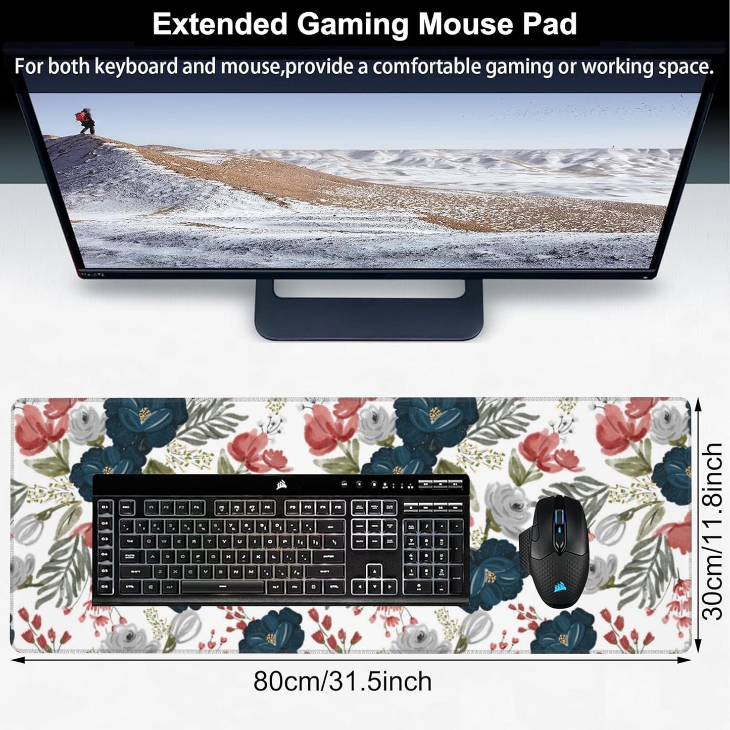 Watercolor Flowers Desk Mat,Large Colorful Floral Gaming Keyboard Mouse Pad,Non-Slip Rubber Base Desk Pad Thick Stitched Edges Waterproof Mousepad Mouse Mat 31.5"x11.8"