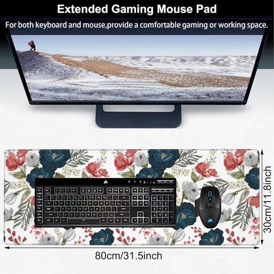 Watercolor Flowers Desk Mat,Large Colorful Floral Gaming Keyboard Mouse Pad,Non-Slip Rubber Base Desk Pad Thick Stitched Edges Waterproof Mousepad Mouse Mat 31.5"x11.8"