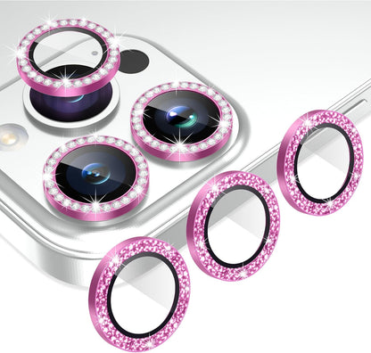 AGVEE 3+3 6 Pack for iPhone 14 Pro 6.1" / 14 Pro Max 6.7" Camera Lens Cover Protector, Bling Diamond & Bling Glitter Metal Ring 9H Tempered HD Glass Camera Cover Protector Film, Bling-Rose