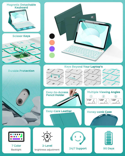 Folio Keyboard Case for iPad 10th Gen 10.9 inch (2022) and iPad 11th (A16, 2025), Magnetic Wireless Detachable Keyboard, 7-Color Backlight, Thin & Light, Pencil Holder (Cyan)