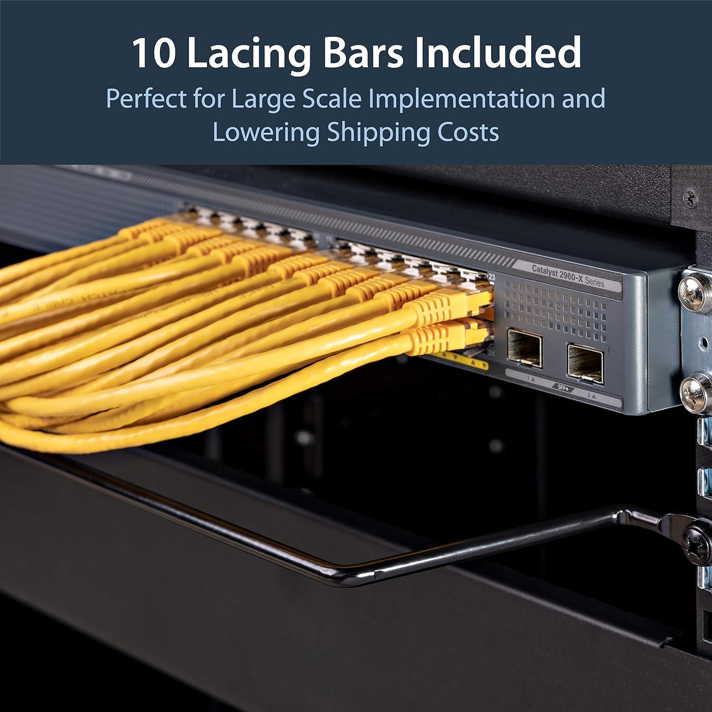 StarTech.com Horizontal Lacing Bar (10 Pack) w/ 4 inch Offset at 75 Degrees- Server Rack Cable Management - 19" Network Rack-Mount Cord Organizer Bars, TAA (CMLB104)