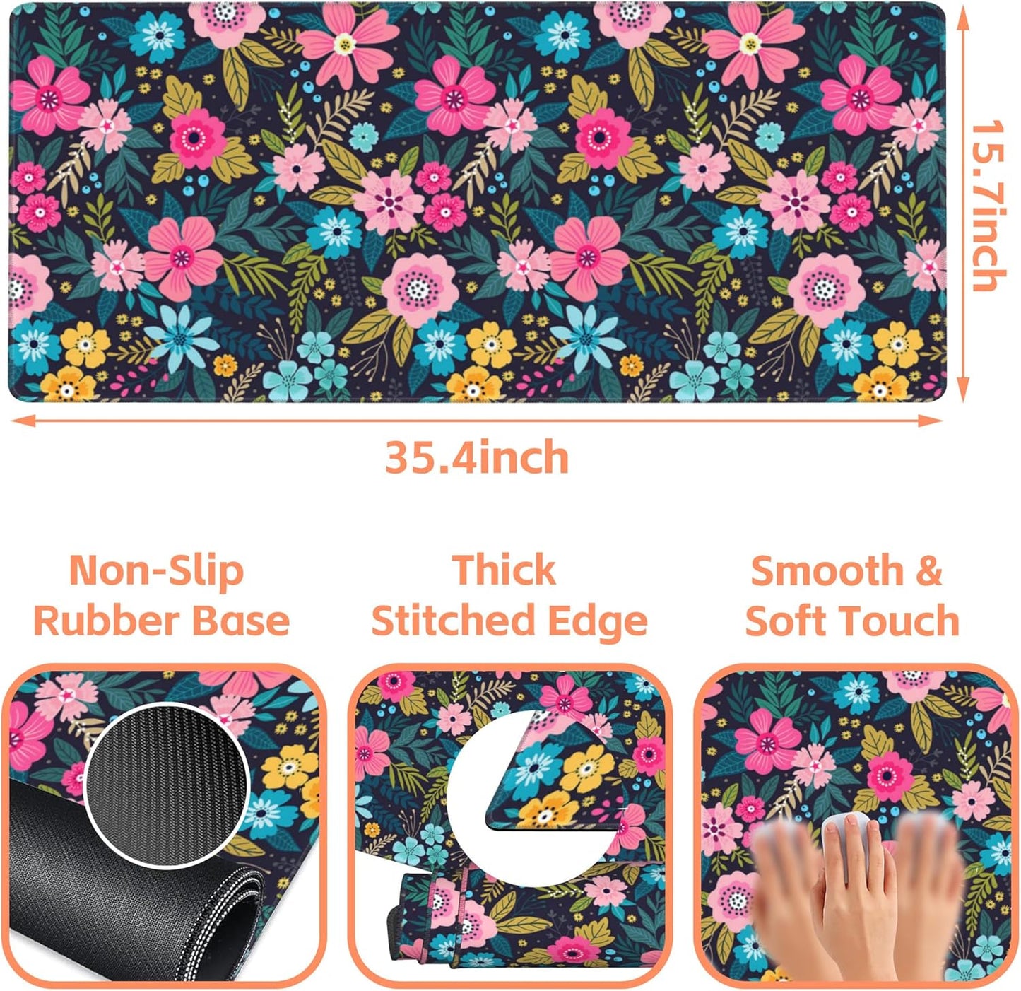 Mouse Pad Large Bright Colorful Flowers Non-Slip Game Desk Mat with Stitched Edge Laptop Keyboard Desk Pad for Work Home Gaming (35.4 x 15.7 Inches)