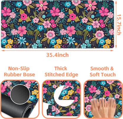 Mouse Pad Large Bright Colorful Flowers Non-Slip Game Desk Mat with Stitched Edge Laptop Keyboard Desk Pad for Work Home Gaming (35.4 x 15.7 Inches)