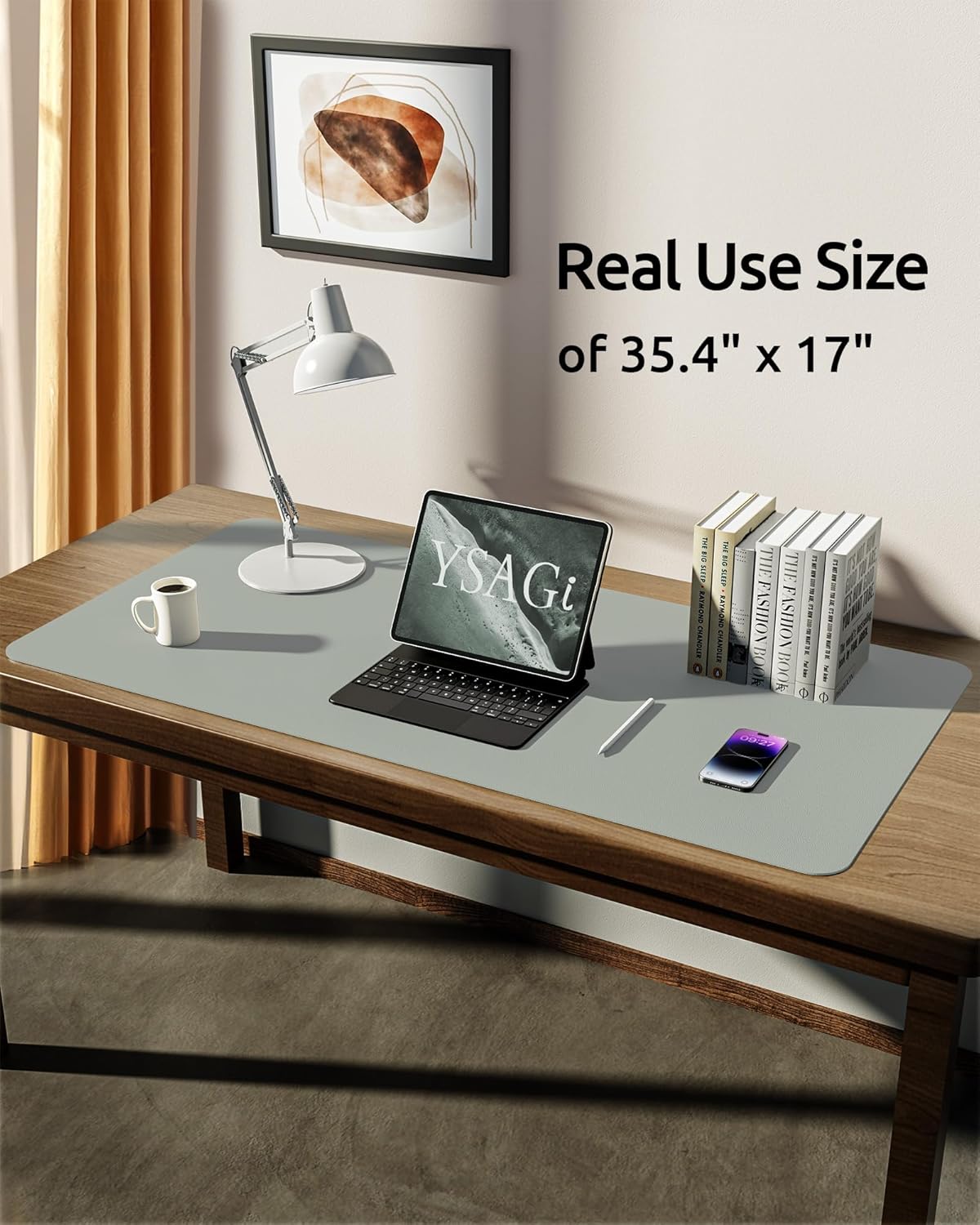 YSAGi Leather Desk Protector, Office Mat, Large Mouse Mat, Non-Slip PU Leather Blotter, Laptop Pad, Waterproof Writing Pad for Office and Home (Grayish Green, 35.4" x 17")