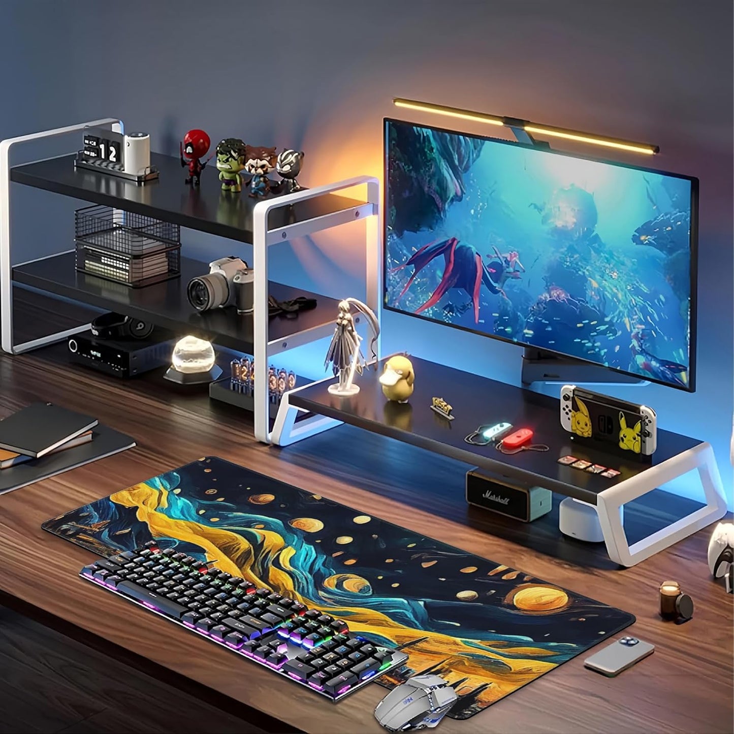 The Starry Night Desk Mat,Large Vincent Van Gogh Oil Painting Gaming Keyboard Mouse Pad,Non-Slip Rubber Base Desk Pad Thick Stitched Edges Waterproof Mousepad Mouse Mat 31.5"x11.8"