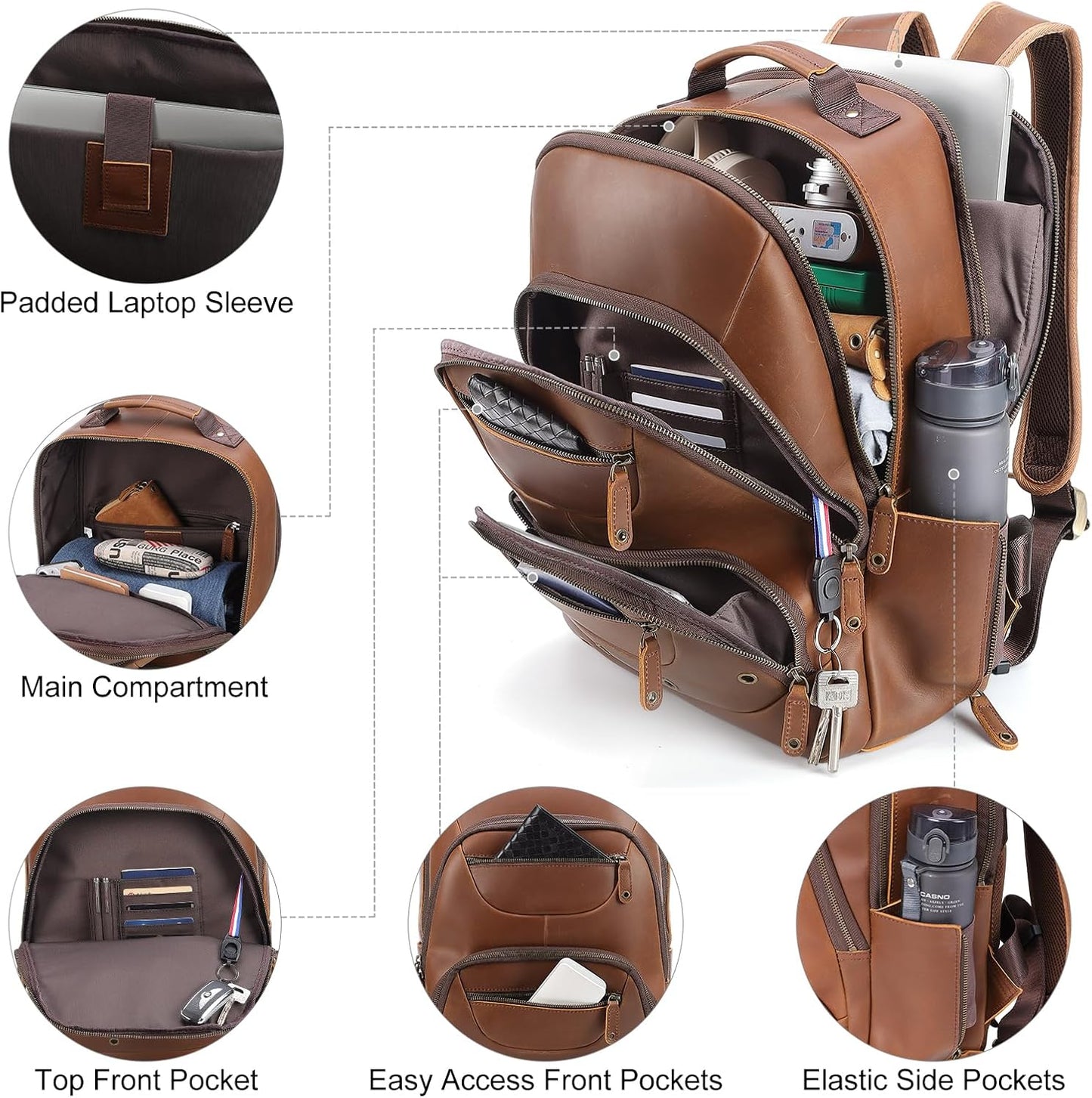 TIDING Brown Leather Travel Backpack for Men, Vintage 16 Inch Laptop Casual Daypack Business Camping Overnight Rucksack