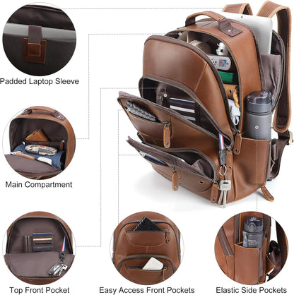 TIDING Brown Leather Travel Backpack for Men, Vintage 16 Inch Laptop Casual Daypack Business Camping Overnight Rucksack