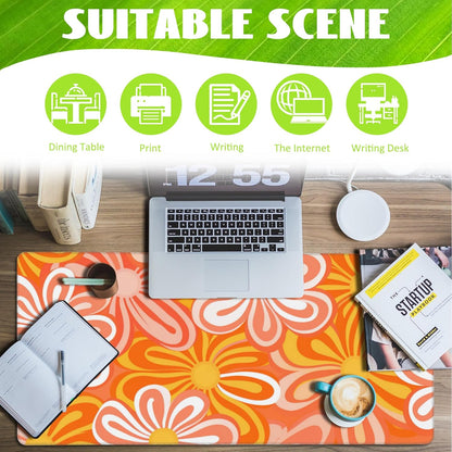 Desk Pad,Hippie Vintage Orange Flowers Desk Mat,Retro Floral Large Gaming Mouse Pad for Desk,Extended Big Computer Keyboard Mouse Pad with Non-Slip Base and Stitched Edge,35.4"x15.7"