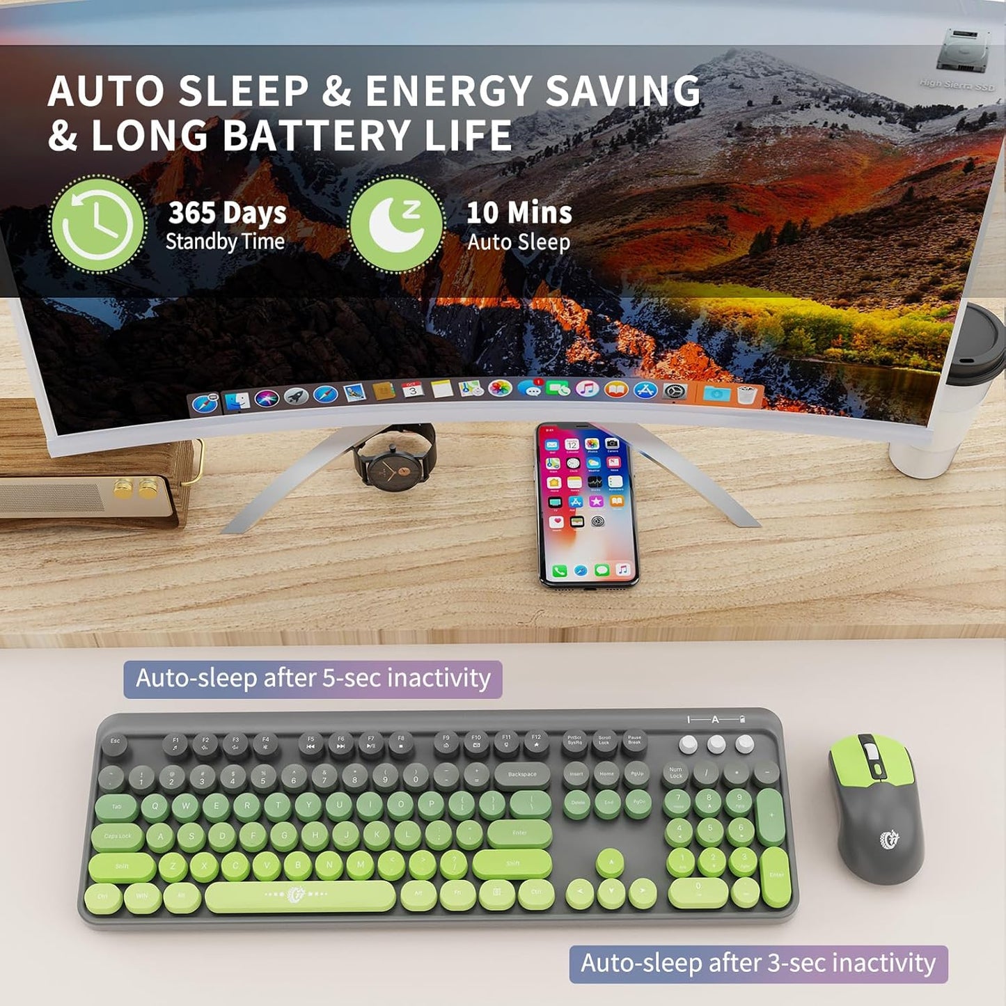 Wireless Keyboard and Mouse Combo, 104 Round Keys Cute Colorful Keyboard and Mouse with Retro Typewriter for PC/Mac/Laptop/Tablet/Computer/Windows Gray Green