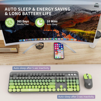 Wireless Keyboard and Mouse Combo, 104 Round Keys Cute Colorful Keyboard and Mouse with Retro Typewriter for PC/Mac/Laptop/Tablet/Computer/Windows Gray Green