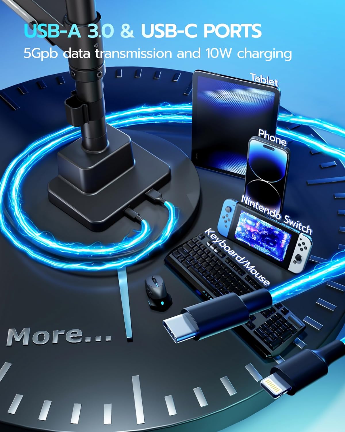 ARES WING Single Monitor Mount with USB, Ultrawide Monitor Arm for 24 to 57 Inch Heavy Duty Curved Screen, Adjustable Gas Spring Monitors Arm Stand up to 66LBS with 75/100/200 Vesa Mount, Black