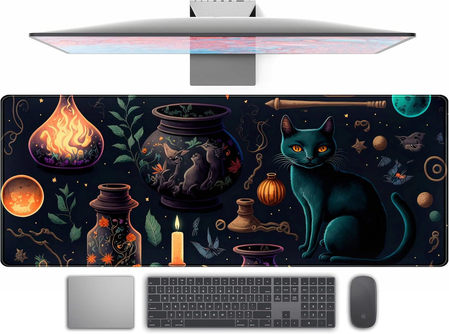 Anime Blue Cat Kawaii Cats Mouse Pad, XL Large Extended Gaming Desk Pad, Women Desk Decor Pad Computer Laptop Keyboard and Wireless Mouse Mat with Stitched Edges 31.5x11.8 in