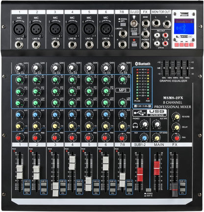 Dj Mixers 8 Channel Audio Mixer Sound Board with Bluetooth, Usb Audio Interface with 48V Phantom Power Sounds Mixer Board with FX Reverb Delay Effect for Streaming