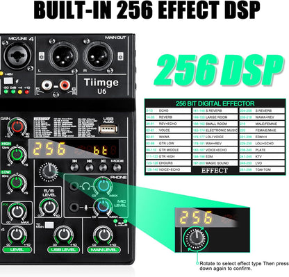 Professional 6-Channel Audio Mixer with 256 DSP Effects,48V Phantom Power,Bluetooth,MP3,USB Recording Input,Portable Sound Mixing Console for Streaming,DJ Show,Karaoke