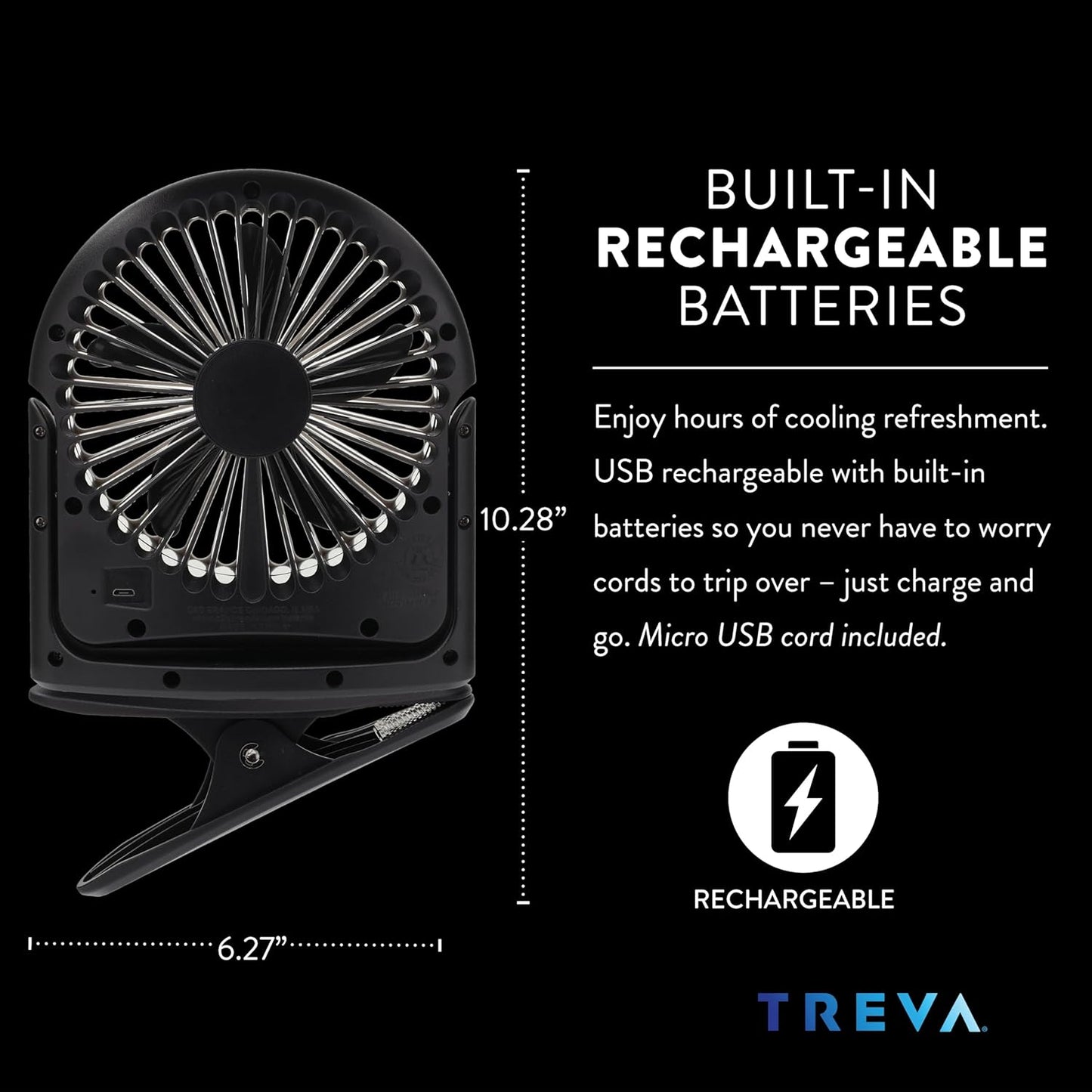 Treva 5 Inch Rechargeable Powered Clip Fan 3 Speed Slim and Portable Indoor and Outdoor Cooling Multi-Directional