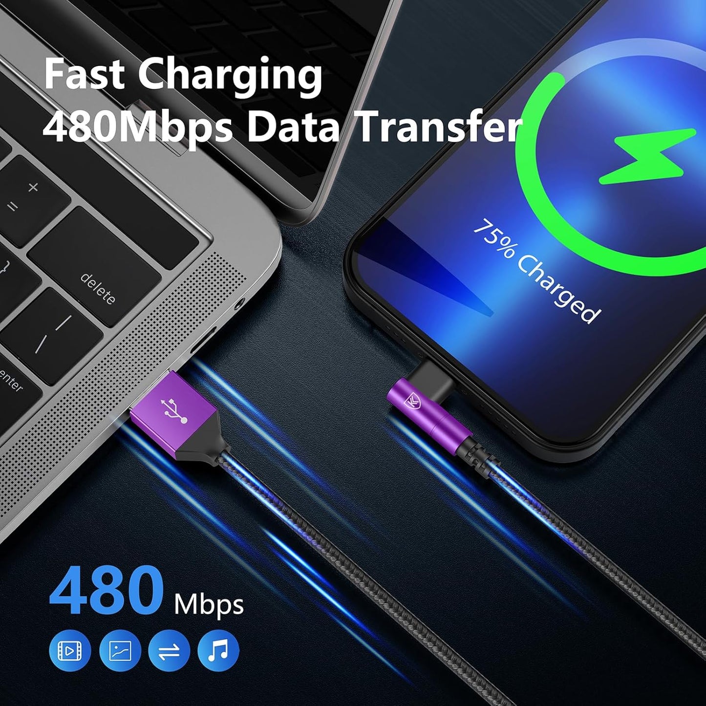 10ft iPhone Charger Cable,3Pack 90 Degree Lightning Cable, [Apple MFi Certified] Long Fast Charging Cord Compatible for iPhone 14/13/12/11/Pro/Max/Mini/X/Plus/8/7/6/Plus/ - Purple