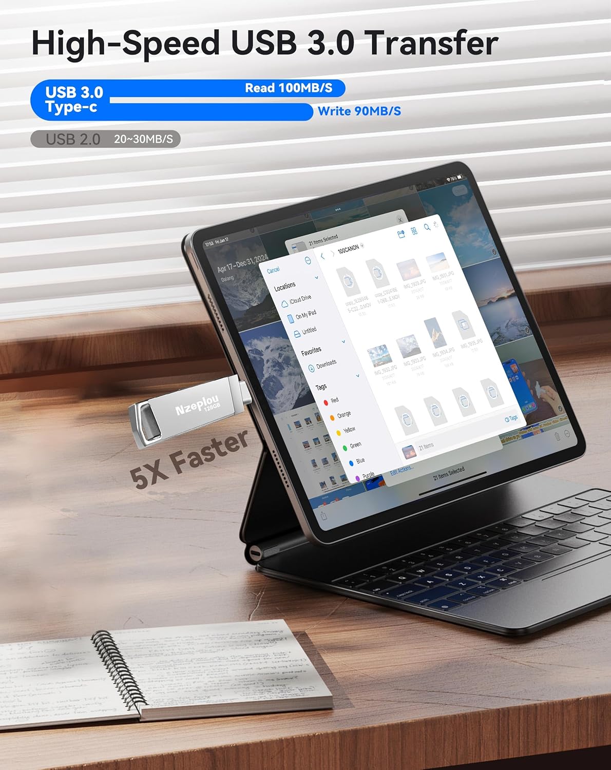 128GB Flash Drive for iPhone iPad, USB3.0 High-Speed Memory Stick No App Needed, Lightening & USB-C External Memory Storage for Photos Videos, Picture Backup Thumb Drive Plug & Play(Silver)