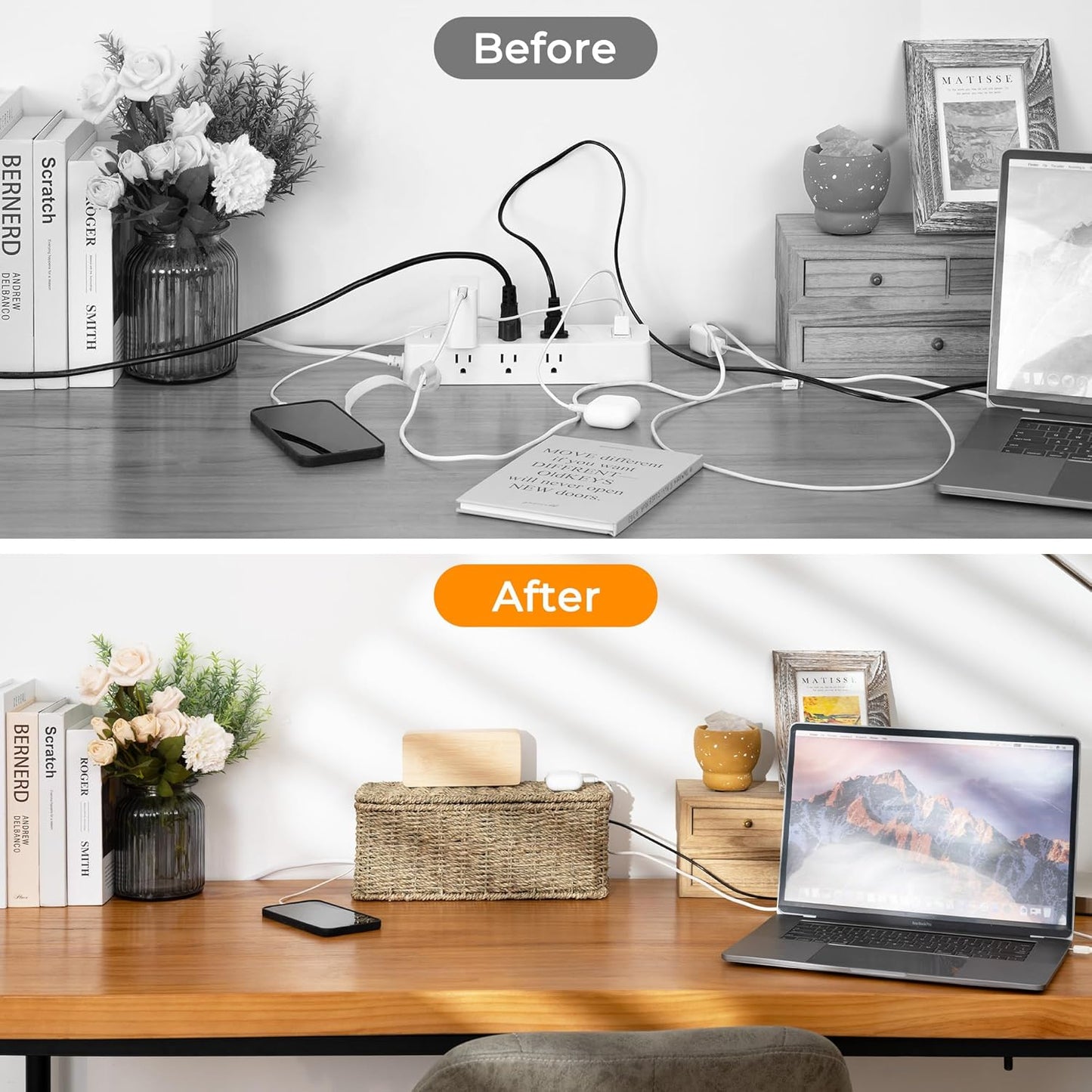 StorageWorks Cable Management Box, 2 Slots Wicker Cable Organizer to Hide Cords and Power Strip, Seagrass Cord Hider Box for Home & Office