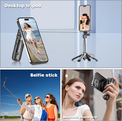 Magnetic Tripod for Phone with Remote Control, Extendable Selfie Stick Handle Grip Pocket Size, 4-in-1 Mini Phone Grip, 10m Wireless Shutter for iPhone Android Phones （Black）