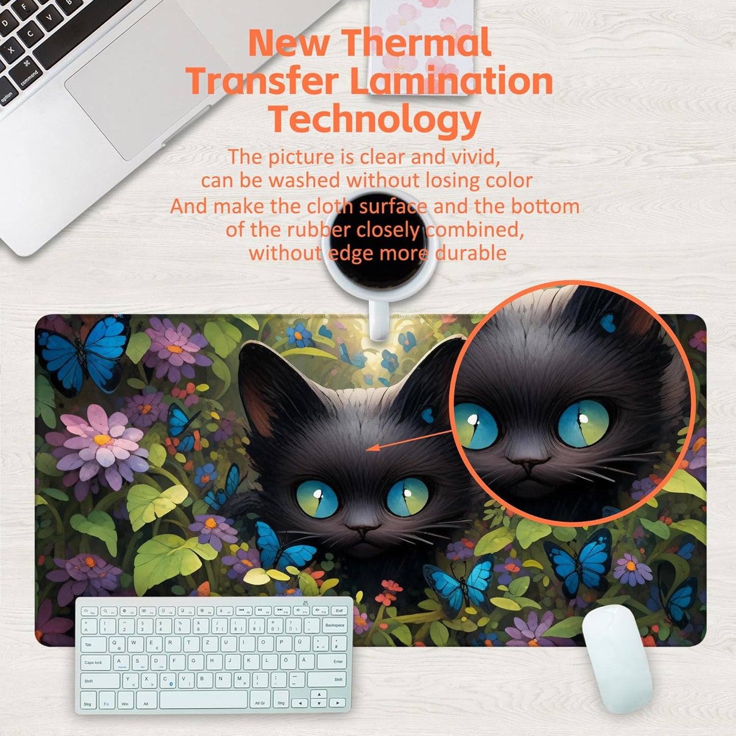 Desk Pad, Cute Black Cat Desk Mat, Cat Among Butterfly Flowers Large Gaming Mouse Pad for Desk, 31.5"x15.7" Extended Big Computer Keyboard Mouse Pad with Non-Slip Base and Stitched Edge