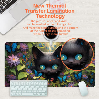 Desk Pad, Cute Black Cat Desk Mat, Cat Among Butterfly Flowers Large Gaming Mouse Pad for Desk, 31.5"x15.7" Extended Big Computer Keyboard Mouse Pad with Non-Slip Base and Stitched Edge