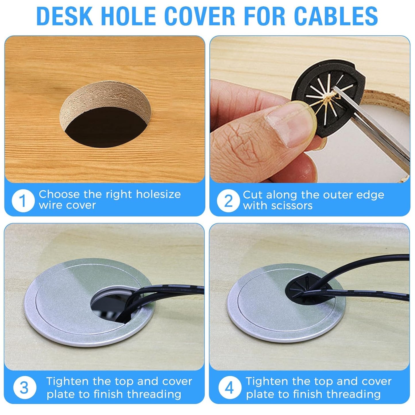 Desk Grommet 2-1/16" (53 mm), Desk Cord Hole Cover, Cable Grommet ABS Plastic, Desk Hole Grommet for Office and Home Table Cable, Detachable Cable Cord Organizer (Silver Sand 2 Pcs)