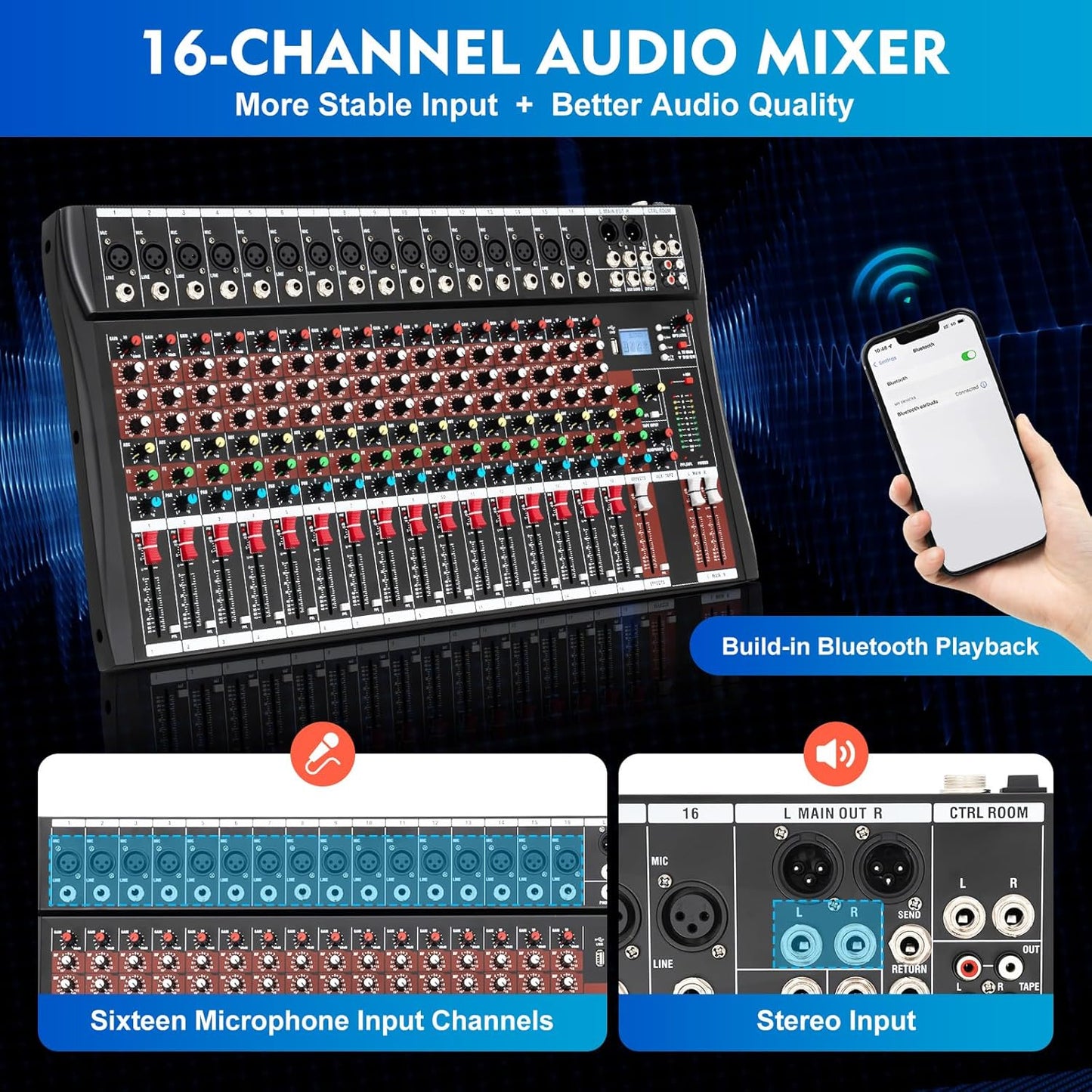 16 Channel Audio Mixer, Soundboard Mixing Console Sound Mixer DJ Sound Controller with USB & Bluetooth, Studio Audio Mixer for Professional and Beginners (16 Channel)