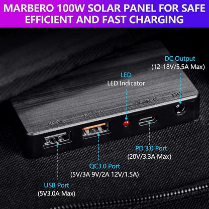 MARBERO 100W Portable Solar Panel 100 Watt Foldable Solar Panel for Power Station with USB & DC 18V Output(10 Connectors) 23% Conversion Efficiency IP68 Waterproof for Camping Outdoor Home Cloudy