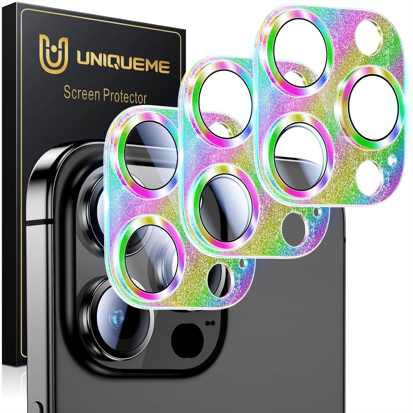 UniqueMe for 3 Pack iPhone 15 Pro/iPhone 15 Pro Max Camera Lens Protector, [Drop Protection] [Case Friendly] Camera Cover Screen [Update New Version] - Intergrated Glitter Colorful