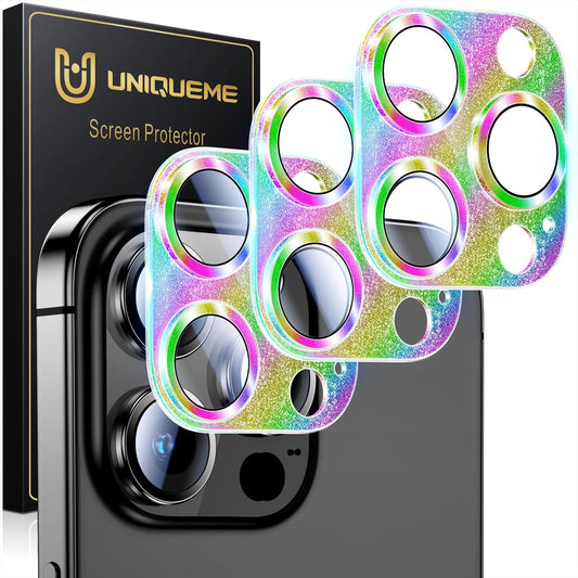 UniqueMe for 3 Pack iPhone 15 Pro/iPhone 15 Pro Max Camera Lens Protector, [Drop Protection] [Case Friendly] Camera Cover Screen [Update New Version] - Intergrated Glitter Colorful