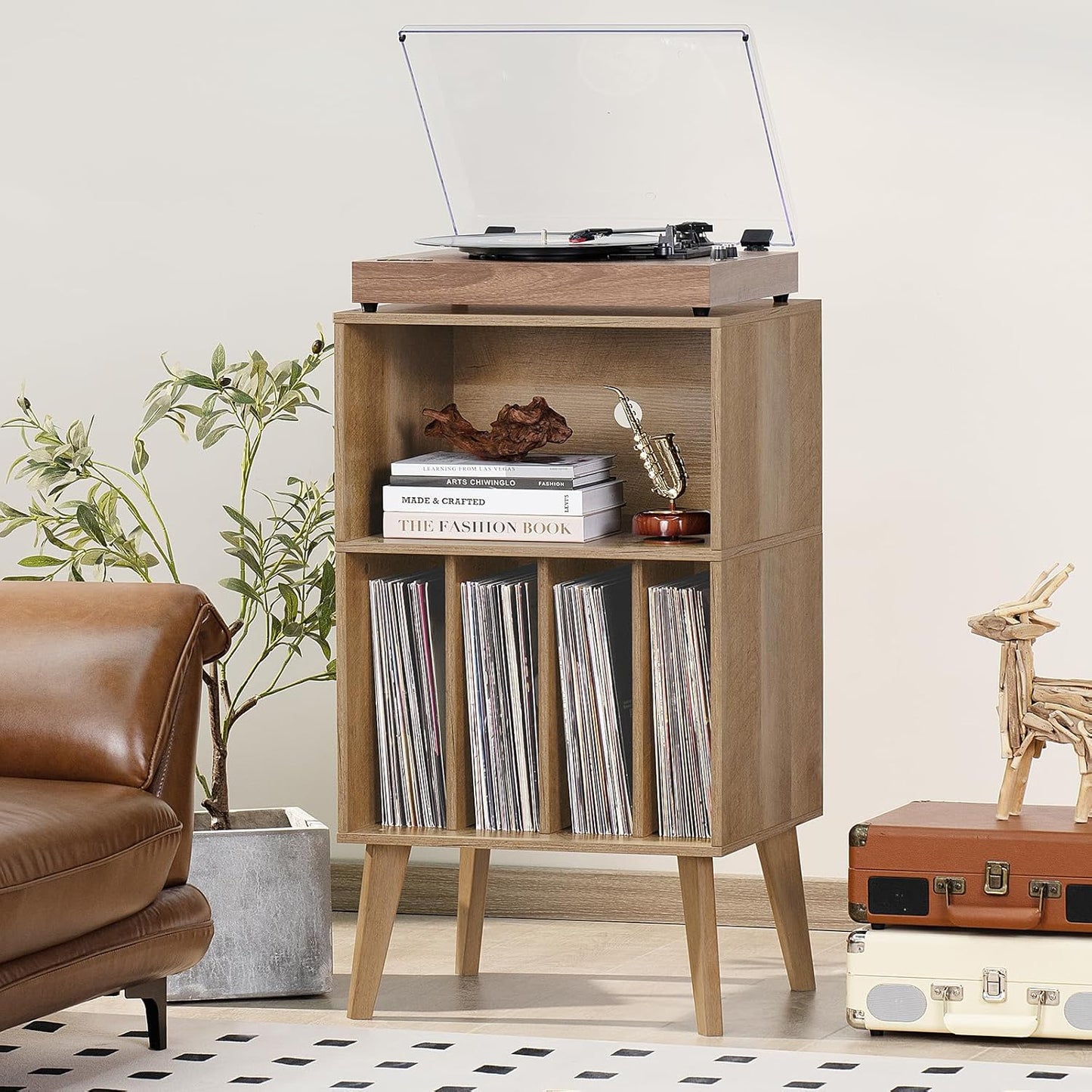 Lerliuo Record Player Stand, Oak Turntable Stand Holds up to 160 Albums, Mid-Century Vinyl Storage Cabinet Table with Solid Wood Legs, Record Player Holder Dispaly Shelf for Bedroom Living Room