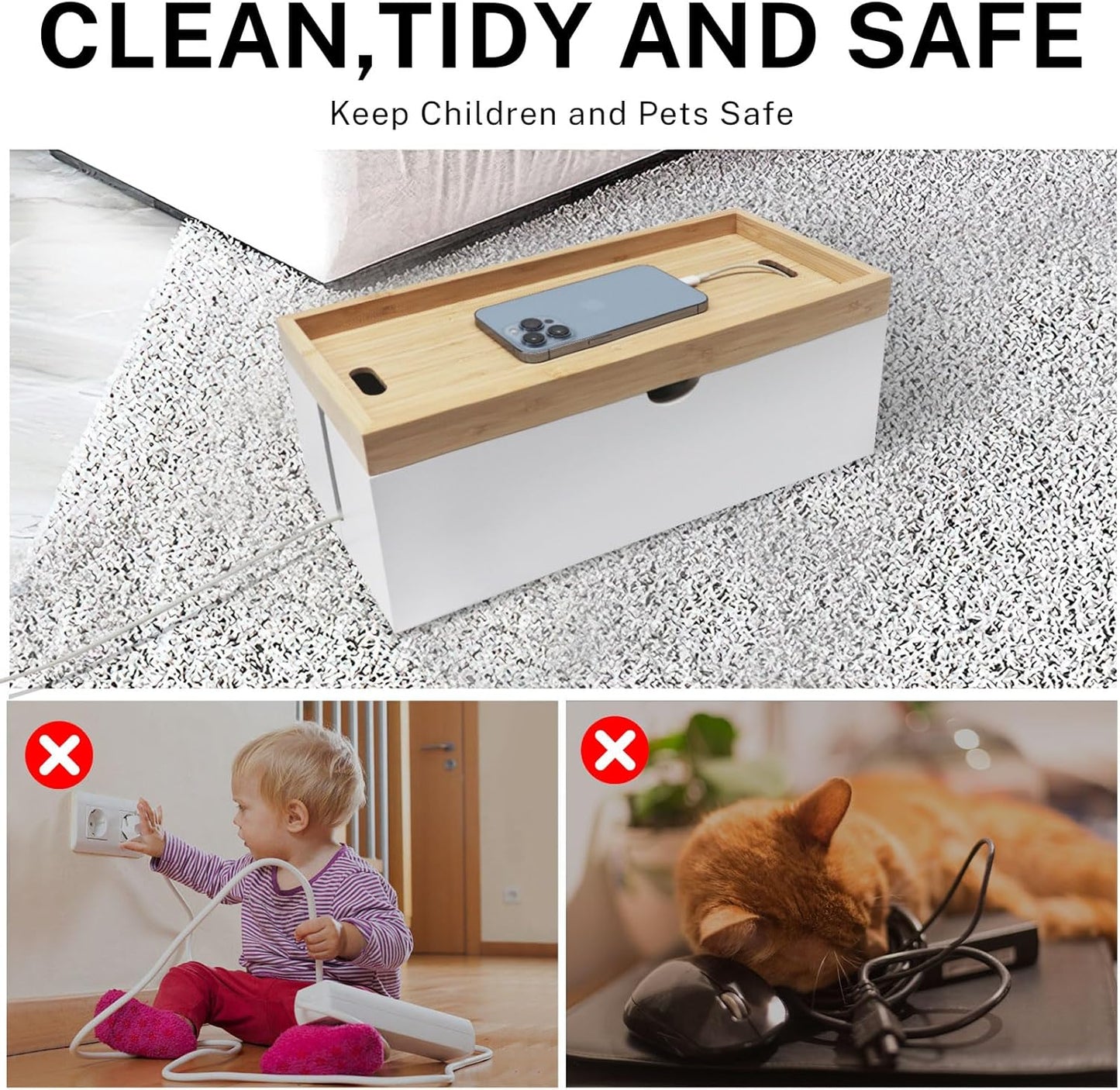 Bamboo Cable Management Box, Large Cord Organizer Box Cable Box to Hide Wires & Power Strips for Desktop Storage Cord Holder for Office Home,No Assembley Required