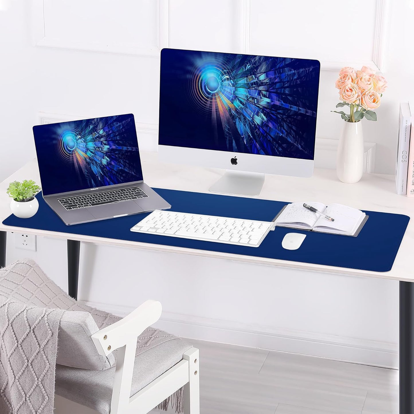 Leather Desk pad Protector, Large Desk mat with Natural Cork & PU Leather,Mouse pad,Non-Slip Office Desk Mat,Waterproof Desk Writing Pad for Office and Home (47in*17in, Sapphire Blue)