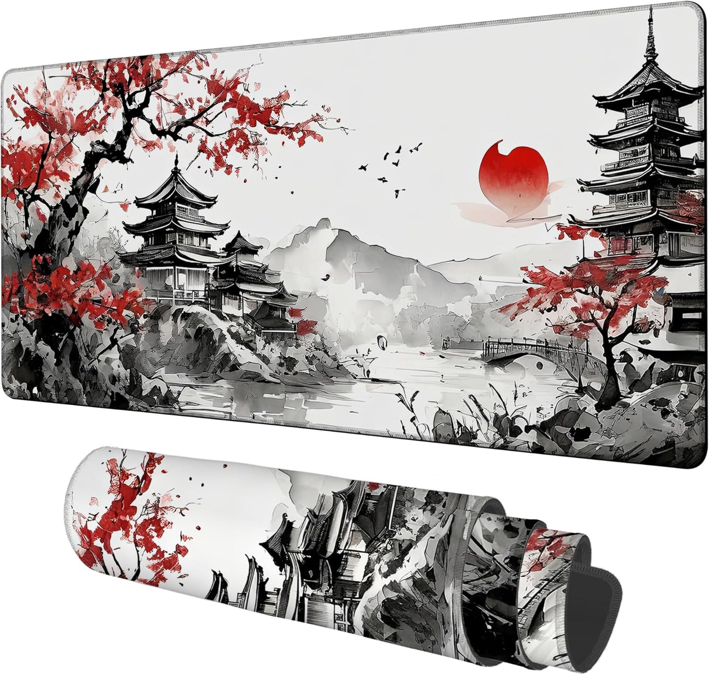 Oriental Painting Gaming Mouse Pad 3mm Thick Stitched Edge Waterproof Non-Slip Large Computer Keyboard Mouse Mat,Suitable for Office Entertainment Decorative Desk Pad 35.4 x 15.7 Inches