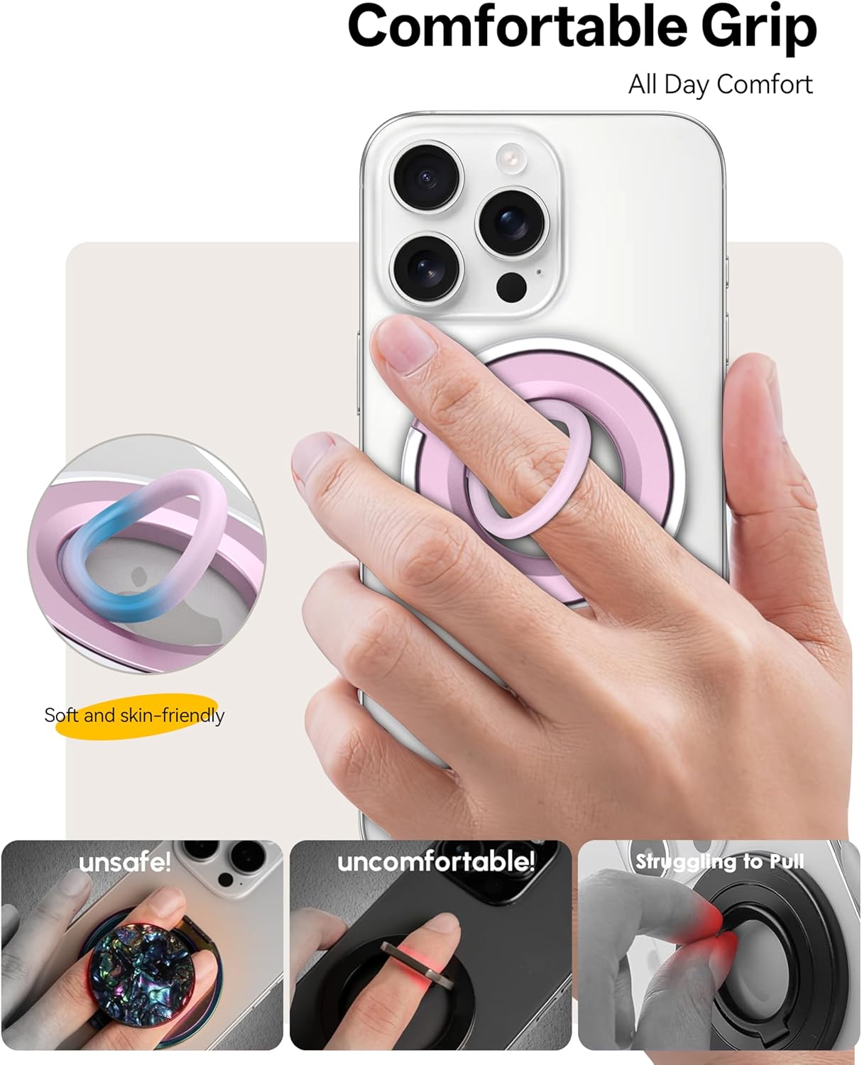 [2025 Newest] Magnetic Phone Grip for MagSafe Ring Holder, Magnet Phone Grip Stand Finger Kickstand Two-Sided Magnetic Compatible with iPhone 16 Pro/Max 15 14 13 12 11 Plus&Android (Pink)