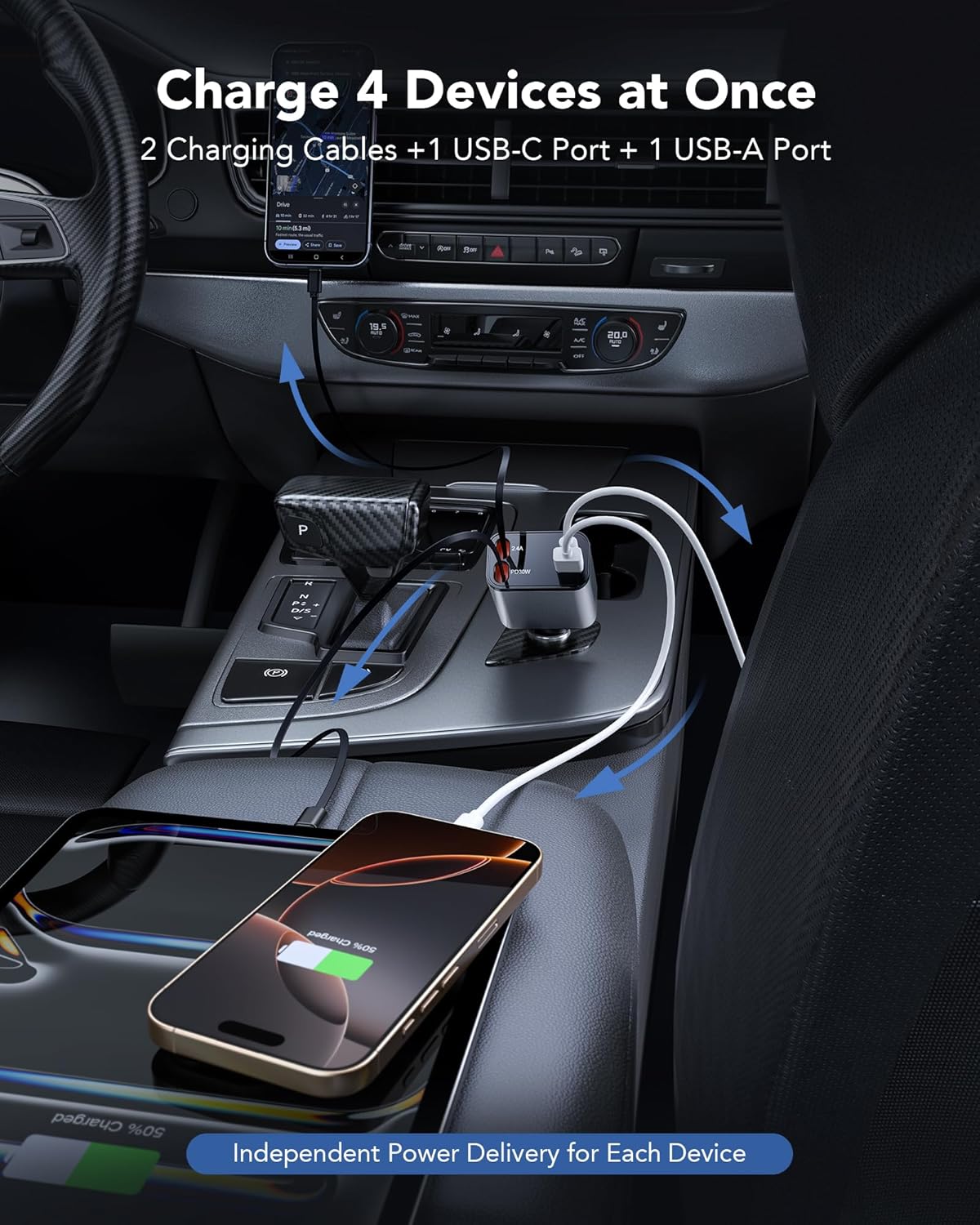 69W Retractable Car Charger, 4-in-1 Fast Car Phone Charger with 2.6ft Two Retractable Cables and USB C+USB A Car Charging Block Cube, Compatible with iPhone 16 15 14 13 12 Pro Max Plus,Galaxy,Pixel