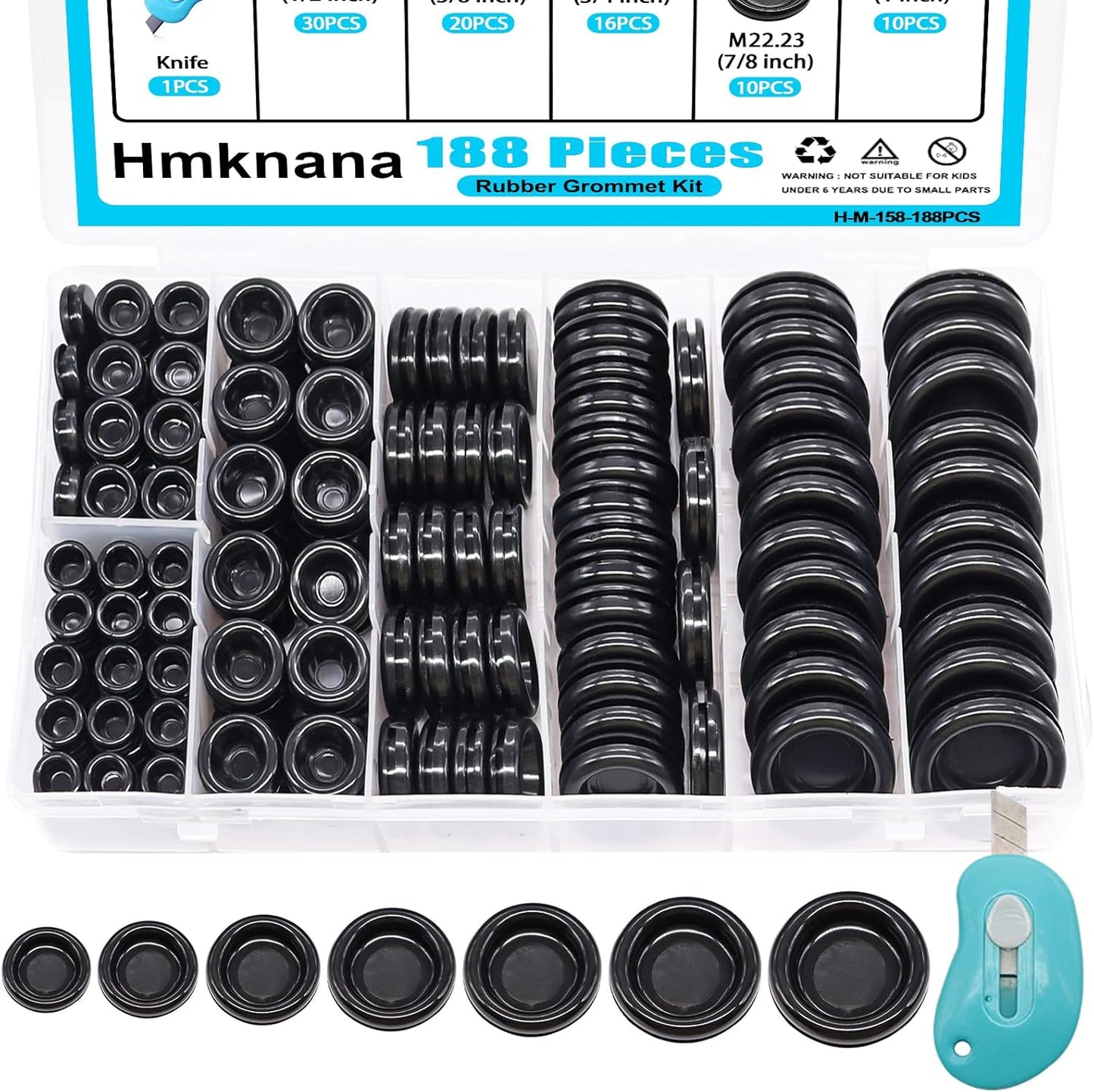 Rubber Grommet Kit Closed Firewall Grommet 7 Sizes 7/25" 3/8" 1/2" 5/8" 3/4" 7/8" 1" Rubber Hole Plug Rubber Grommets for Wiring (188Pcs)