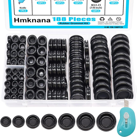 Rubber Grommet Kit Closed Firewall Grommet 7 Sizes 7/25" 3/8" 1/2" 5/8" 3/4" 7/8" 1" Rubber Hole Plug Rubber Grommets for Wiring (188Pcs)