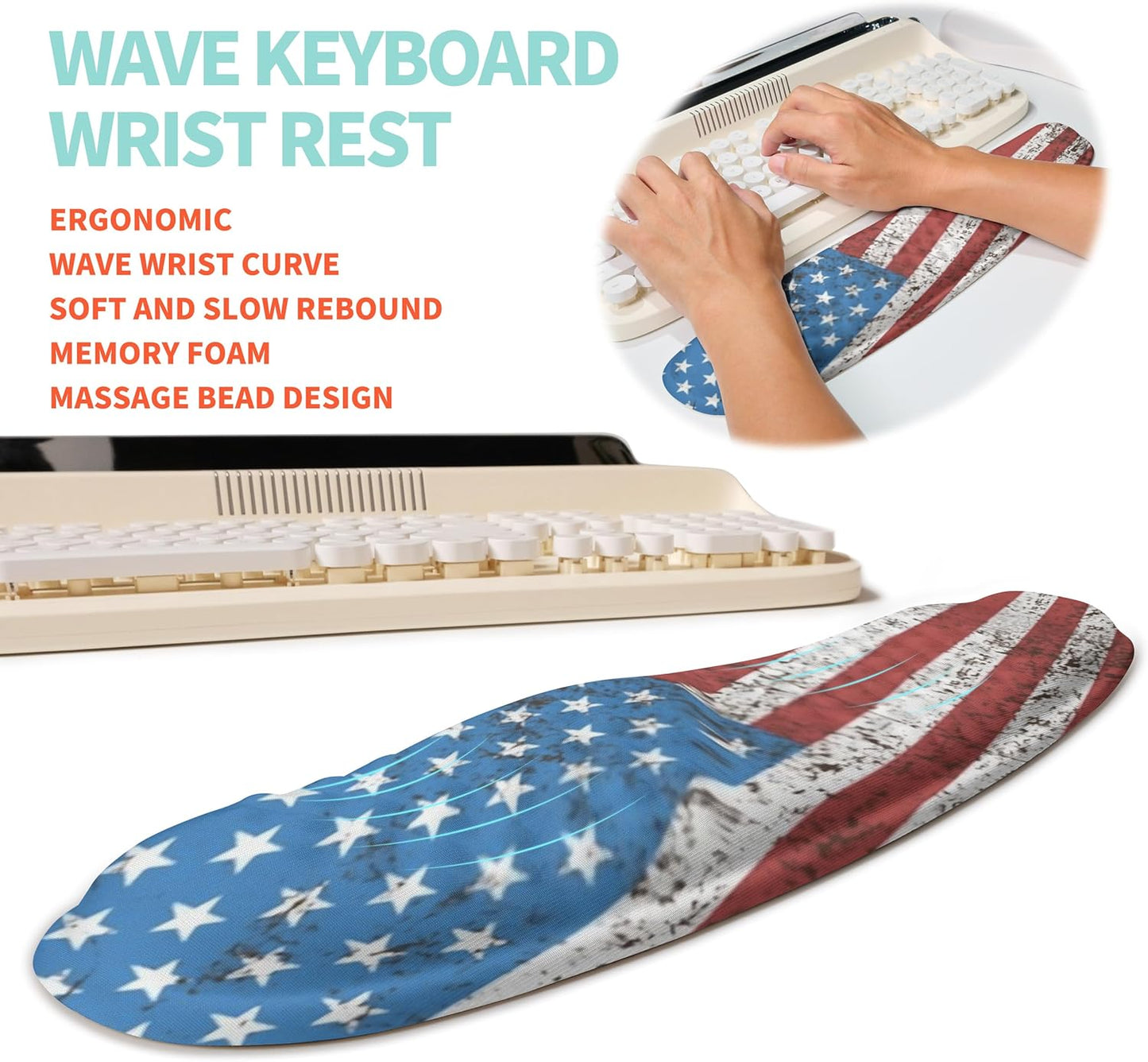 2-in-1 Ergonomic Set, Wave Rise Keyboard Wrist Rest and Massage Bulge Slope Mouse Pad Wrist Support, Cushion Memory Foam Integrated to Relieve Wrist Pain, American Flag