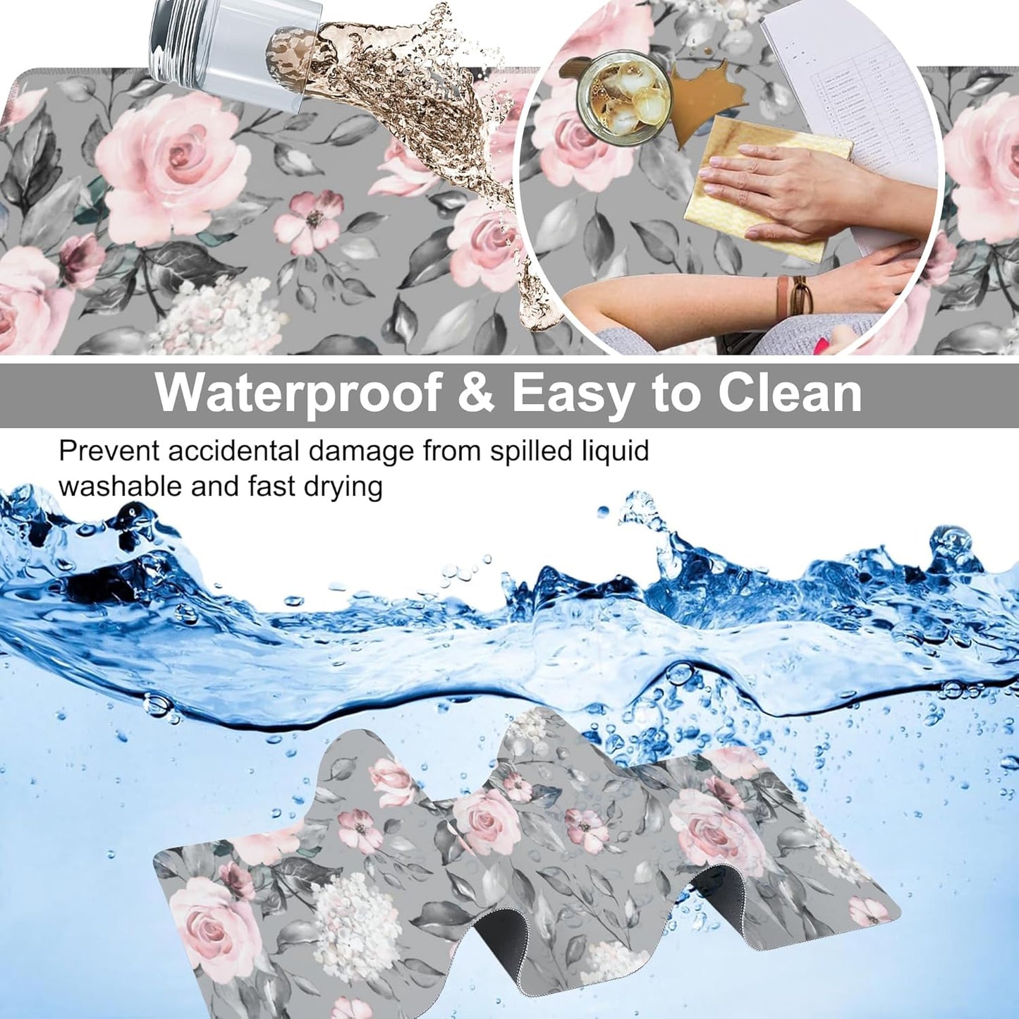 Pink Roses Desk Mat,Large Spring Blooming Flowers and Leaves Gaming Keyboard Mouse Pad,Non-Slip Rubber Base Desk Pad Thick Stitched Edges Waterproof Mousepad Mouse Mat 31.5"x11.8"