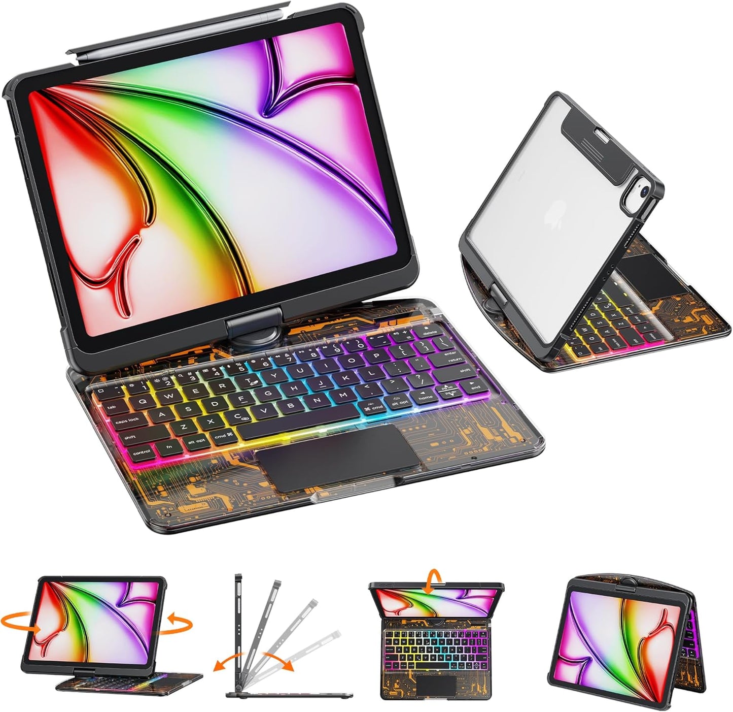 GUSGU for iPad Air 11 Inch (M3/M2,2025/2024) Transperant Case with Wireless Keyboard, 7 Color Backlight, Trackpad, 360°Rotating Stand for 10.9" iPad Air 5th/4th, 11" iPad Pro 4/3/2/1 Case, Cyberpunk