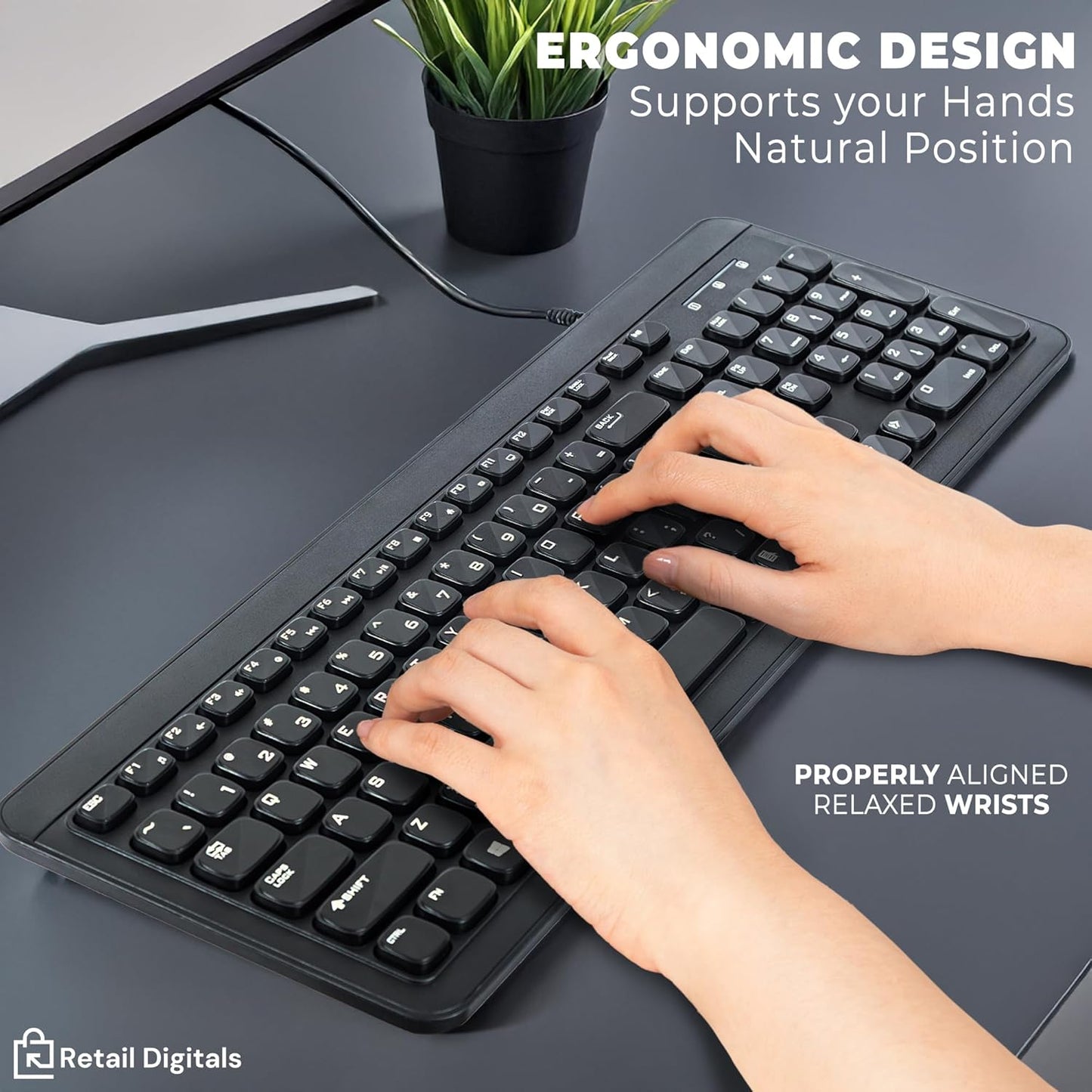 Wired USB Keyboard | Full-Sized | Ergonomic | Soft Typing | QWERTY Layout | Black