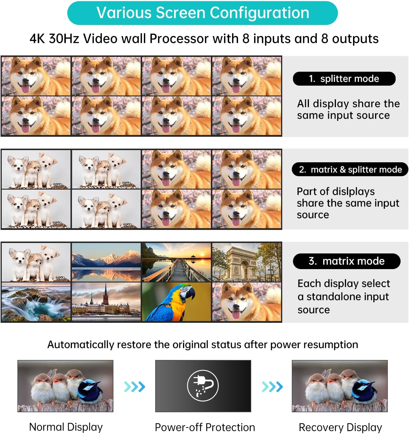 MT-VIKI 4K HDMI Matrix Switch 8X8 w/Web GUI & 3.5mm Stereo Audio w/IR Remote, 4K@30Hz, Rack Mount Switcher & Splitter, EDID, RS232, LAN Port, APP