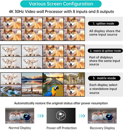 MT-VIKI 4K HDMI Matrix Switch 8X8 w/Web GUI & 3.5mm Stereo Audio w/IR Remote, 4K@30Hz, Rack Mount Switcher & Splitter, EDID, RS232, LAN Port, APP