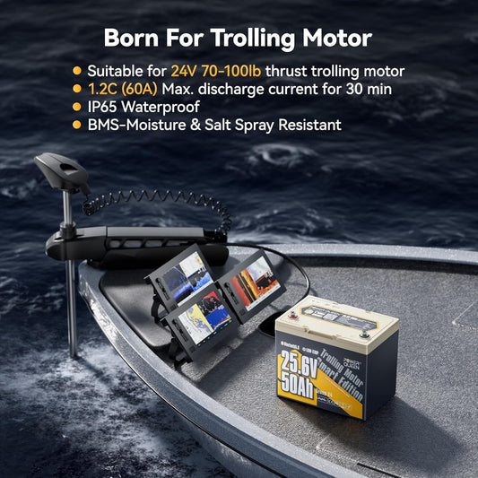 Power Queen 24V50Ah LiFePO4 Battery with Bluetooth 5.0 Remote Control, Low-temperature Protection, 1280Wh Energy, Deep Cycle Lithiumn Battery for 24V Trolling Motor Up To 100 lbs