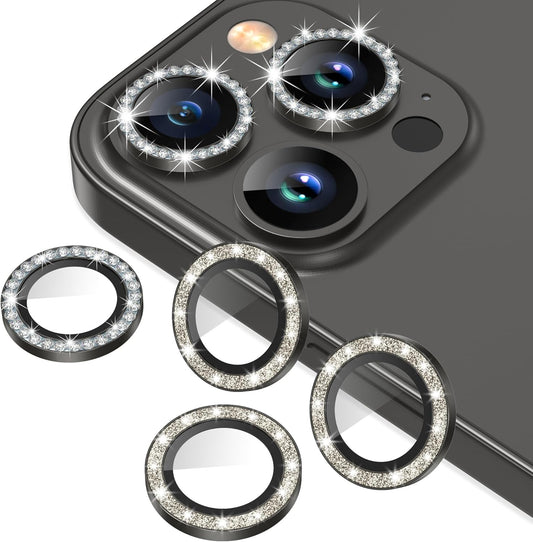 AGVEE 3+3 6 Pack for iPhone 12 Pro Max 6.7" Camera Lens Cover Protector, Bling Diamond & Bling Glitter Metal Ring 9H Tempered HD Glass Camera Cover Protector Film, Bling-Black