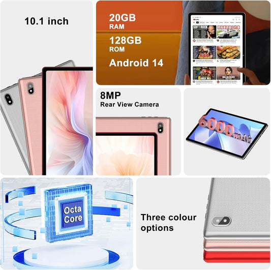 Android 14 Tablet 10 Inch Tablets, 20GB+128GB/1TB Expandable, Tablets with Octa-Core, WiFi 6, Dual Camera, BT 5.0, 6000mAh Battery, HD IPS Display, Widevine L1, Tablet with Keyboard Mouse - Red