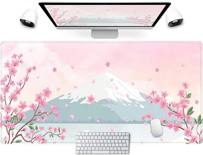 Japanese Desk Mat Pastel Pink Cherry Blossom Mouse Pad Mt Fuji Japan Large Gaming Anime Mousepad XXL 31.5x15.75 in, Kawaii Aesthetic Flower Cute Women Office Decor Computer Laptop Keyboard Mat
