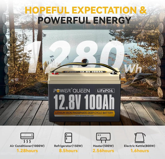 Power Queen LiFePO4 Battery 12V 100Ah Group 31 Lithium Battery, 100A BMS Rechargeable Deep Cycle Battery,100A BMS 1280Wh Higher Energy Density,15000 Cycles for RV, Van, Trailer, Marine,Solar